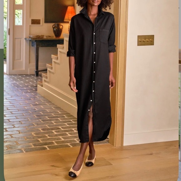 Frank Eileen Rory Italian Classic Linen Maxi Shirtdress Black Size Medium